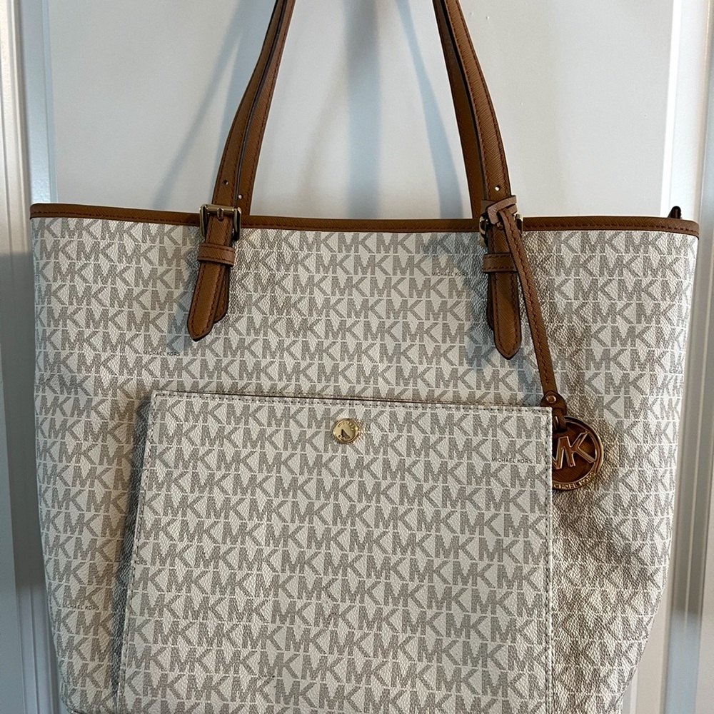Michael Kors Monogram Cream and Tan Tote